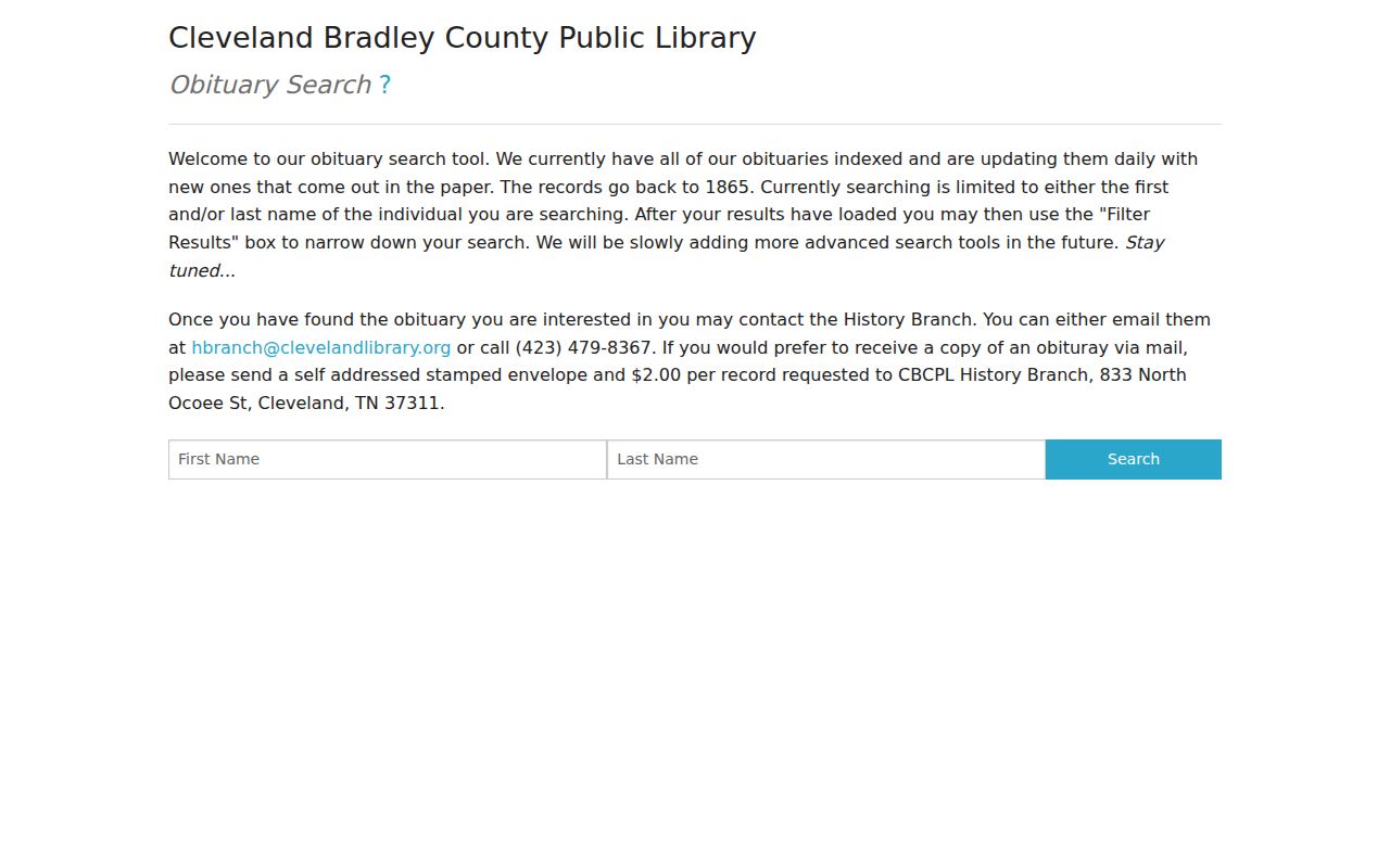 Cleveland people search form for the local obituary index