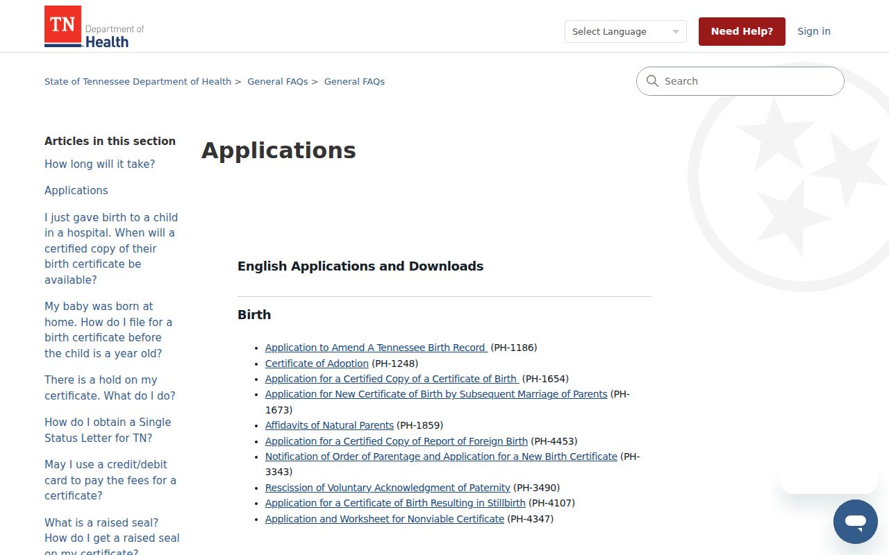 Cleveland public records access through the Tennessee vital certificate application menu